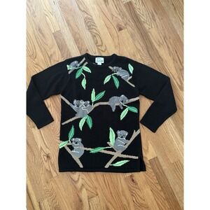black sweater‎ 90s vintage Quacker Factory cute koala bear novelty sweater S